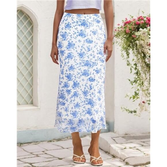 Women's Mesh Midi Skirt Elastic High Waisted White Blue - Picture 2 of 6